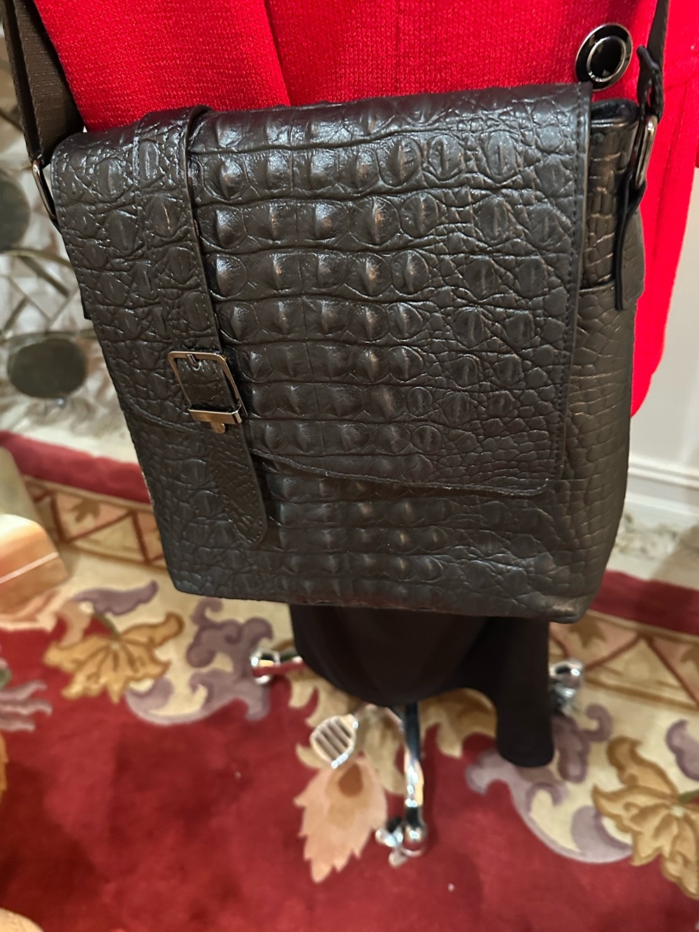 Genuine leather croco embossed black messenger bag. NWOT